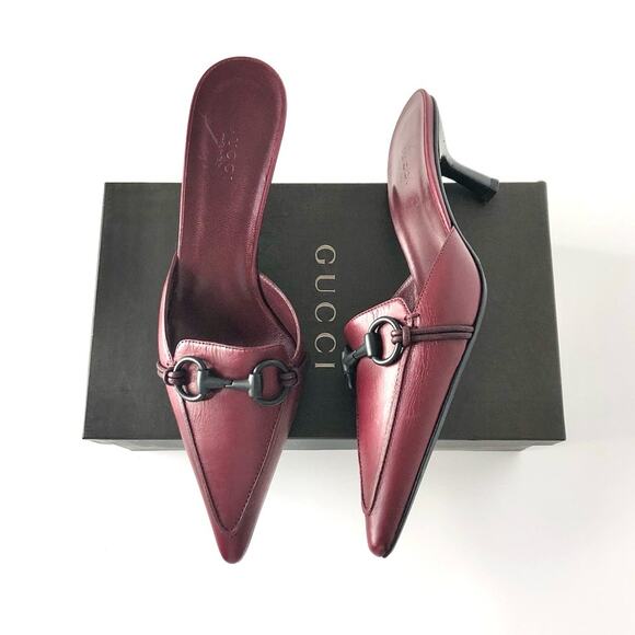 NIB Vintage Gucci Horsebit Wine Leather Pointed Toe Kitten Heel Pumps Mules 8.5 - Picture 2 of 10